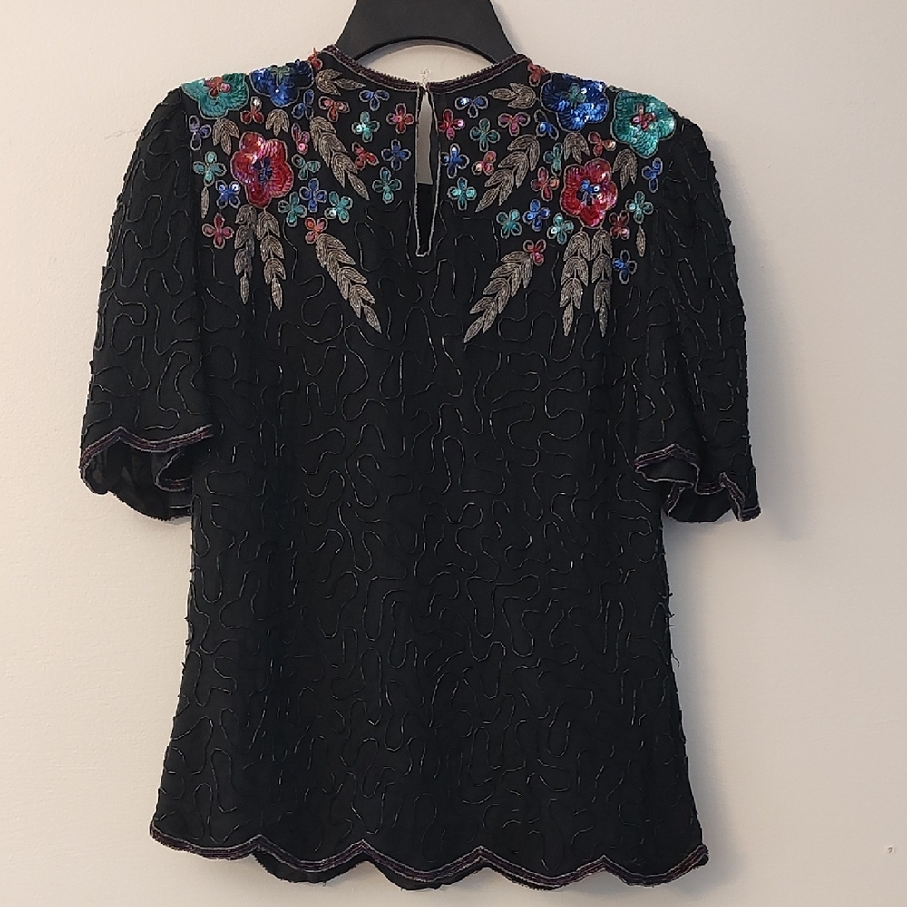 80s Laurence Kazar Black Silk Blouse Floral Sequin Embroidery Sparkly Holiday PS - Picture 6 of 7